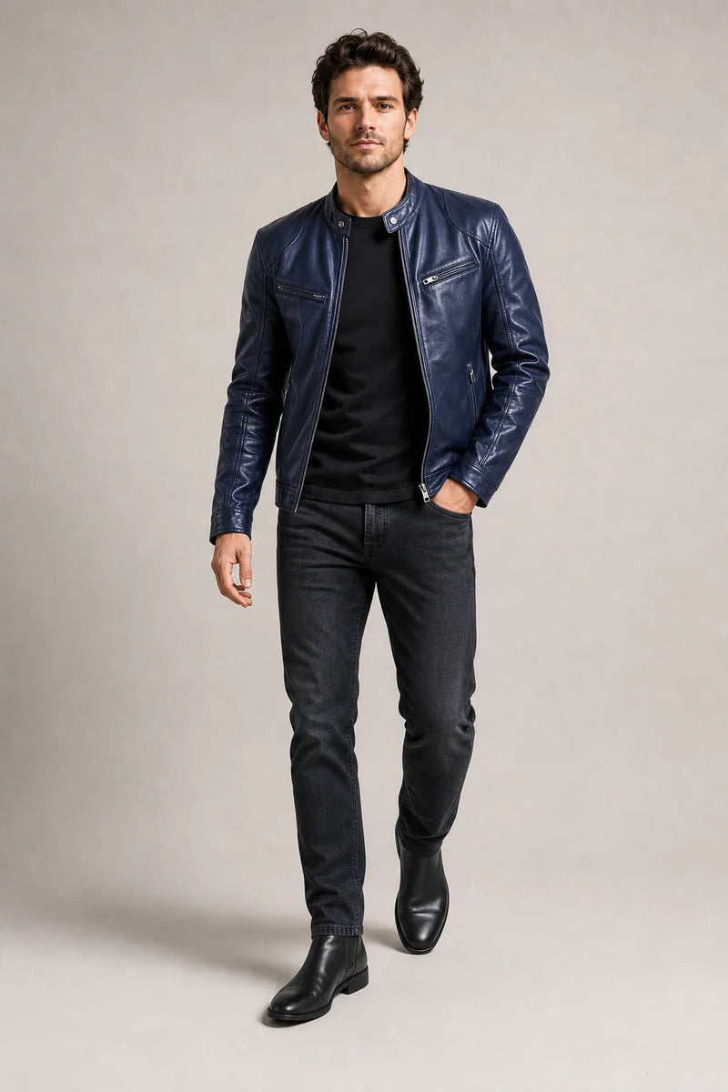 Sofaine Matthew vegan leather biker jacket in navy blue with black jeans, styled full look