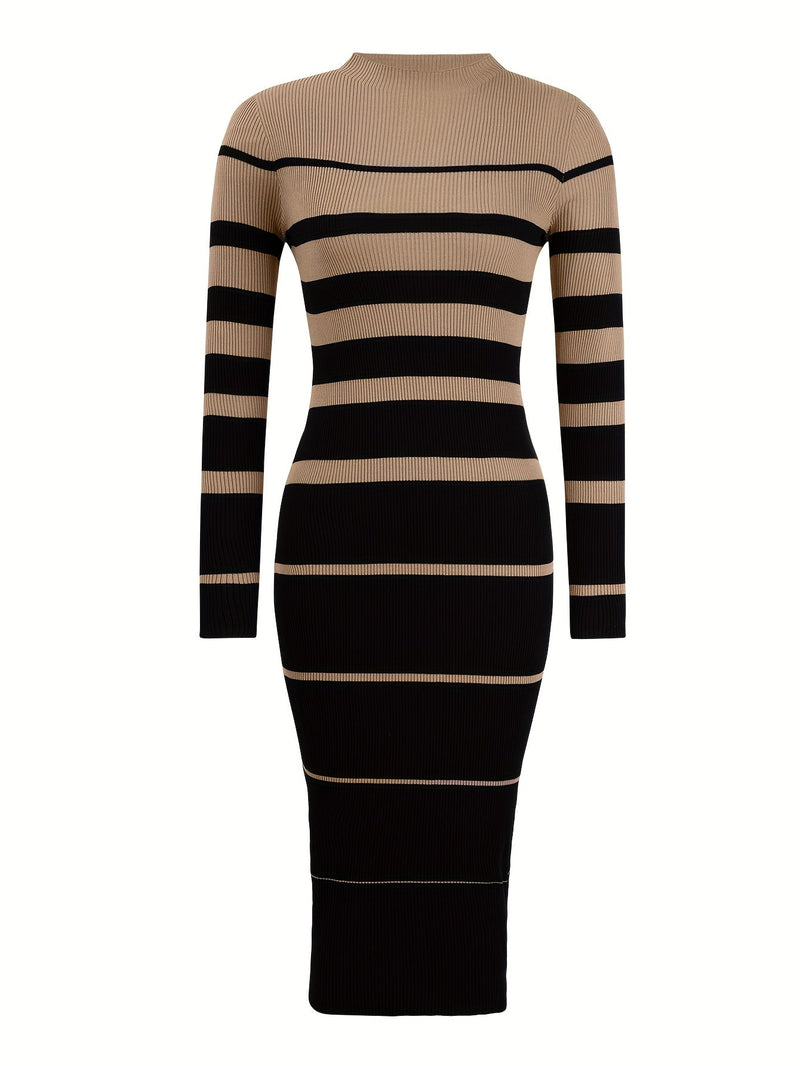Striped Sweater Midi Dress for Women with Ribbed Knit and Long Sleeves in Camel Black, product view