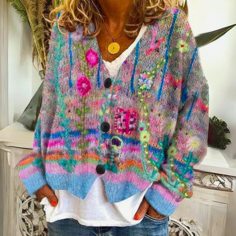 Colorful Floral Knit Cardigan for Women with V Neck and Button Front in Blue, front view 2
