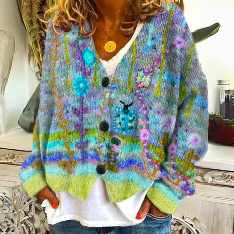 Colorful Floral Knit Cardigan for Women with V Neck and Button Front in Green, front view