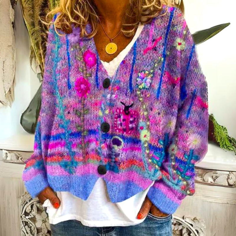 Colorful Floral Knit Cardigan for Women with V Neck and Button Front in Purple, front view