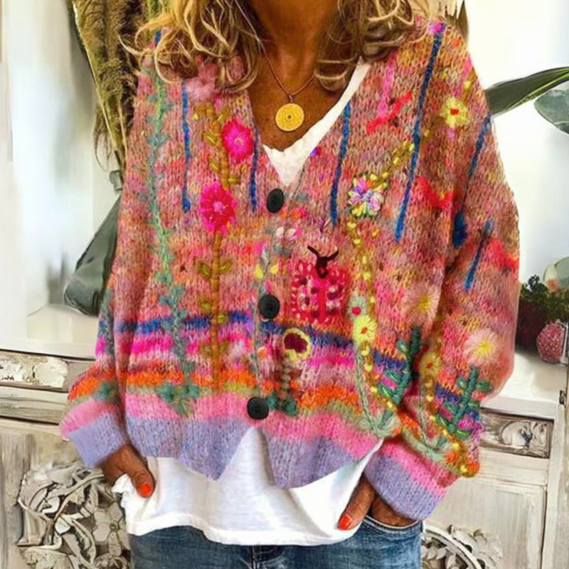 Colorful Floral Knit Cardigan for Women with V Neck and Button Front in Red, front view
