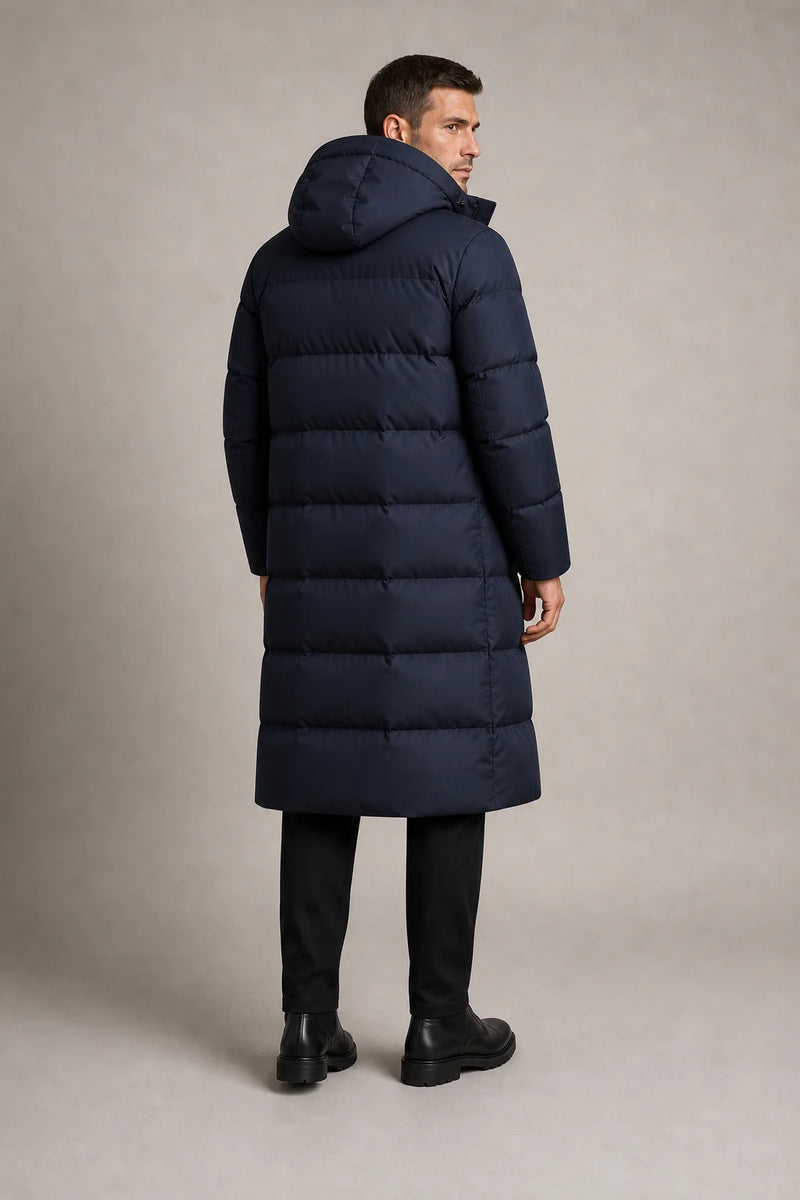 Sofaine Maverick men's hooded winter puffer parka in Dark Blue, worn back view