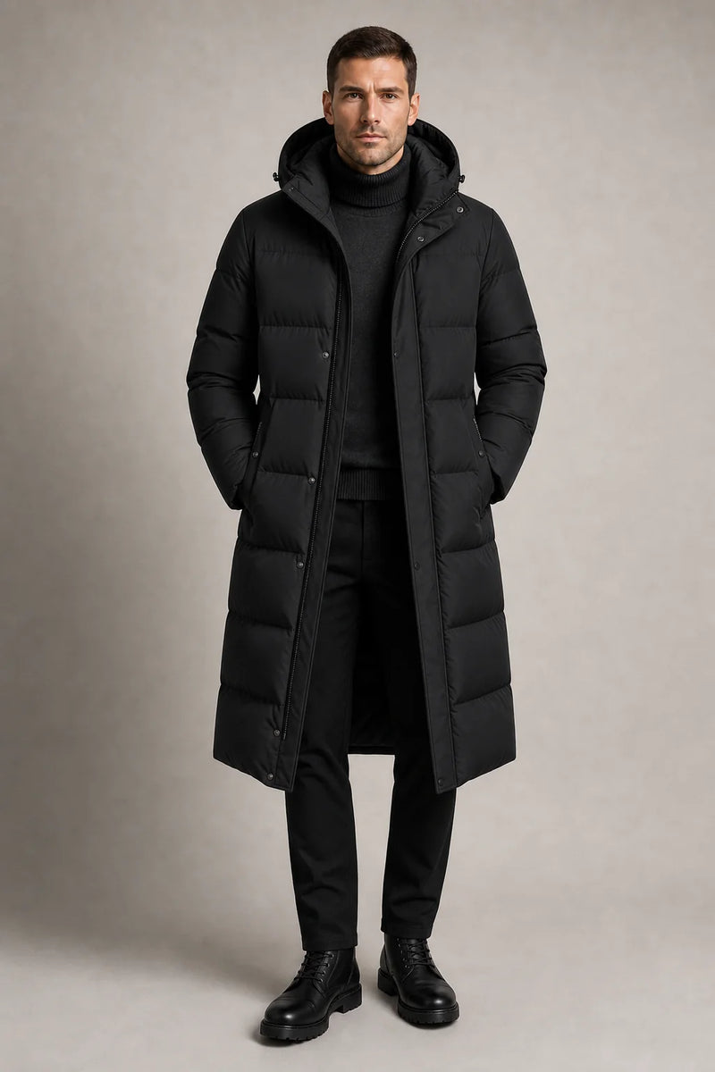 Sofaine Maverick men's hooded winter puffer parka in Black, worn front