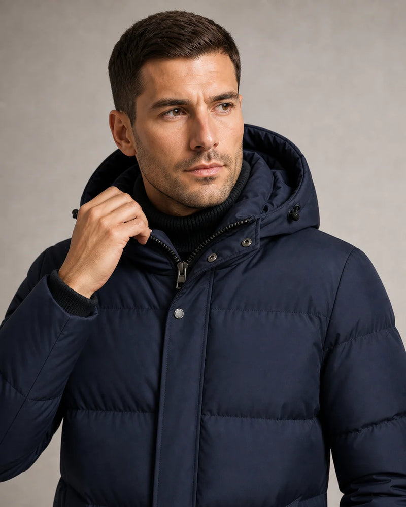 Sofaine Maverick men's hooded winter puffer parka in Dark Blue, hood and front-zip detail