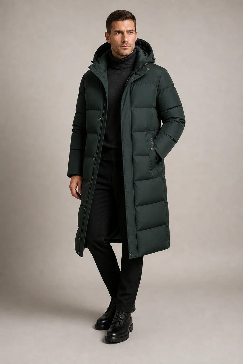 Sofaine Maverick men's hooded winter puffer parka in Dark Green, worn front