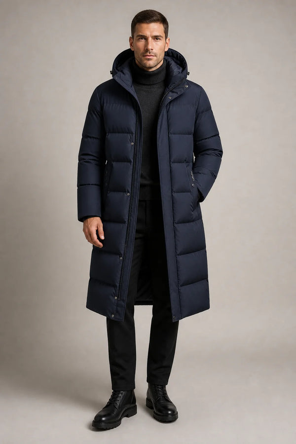Sofaine Maverick men's hooded winter puffer parka in Dark Blue, worn hero front