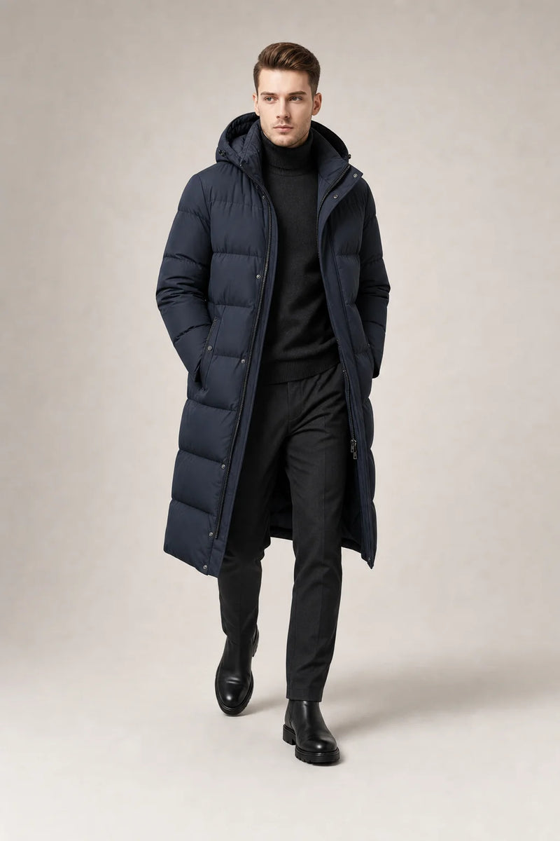 Sofaine Maverick men's hooded winter puffer parka in Dark Blue, styled full-length look