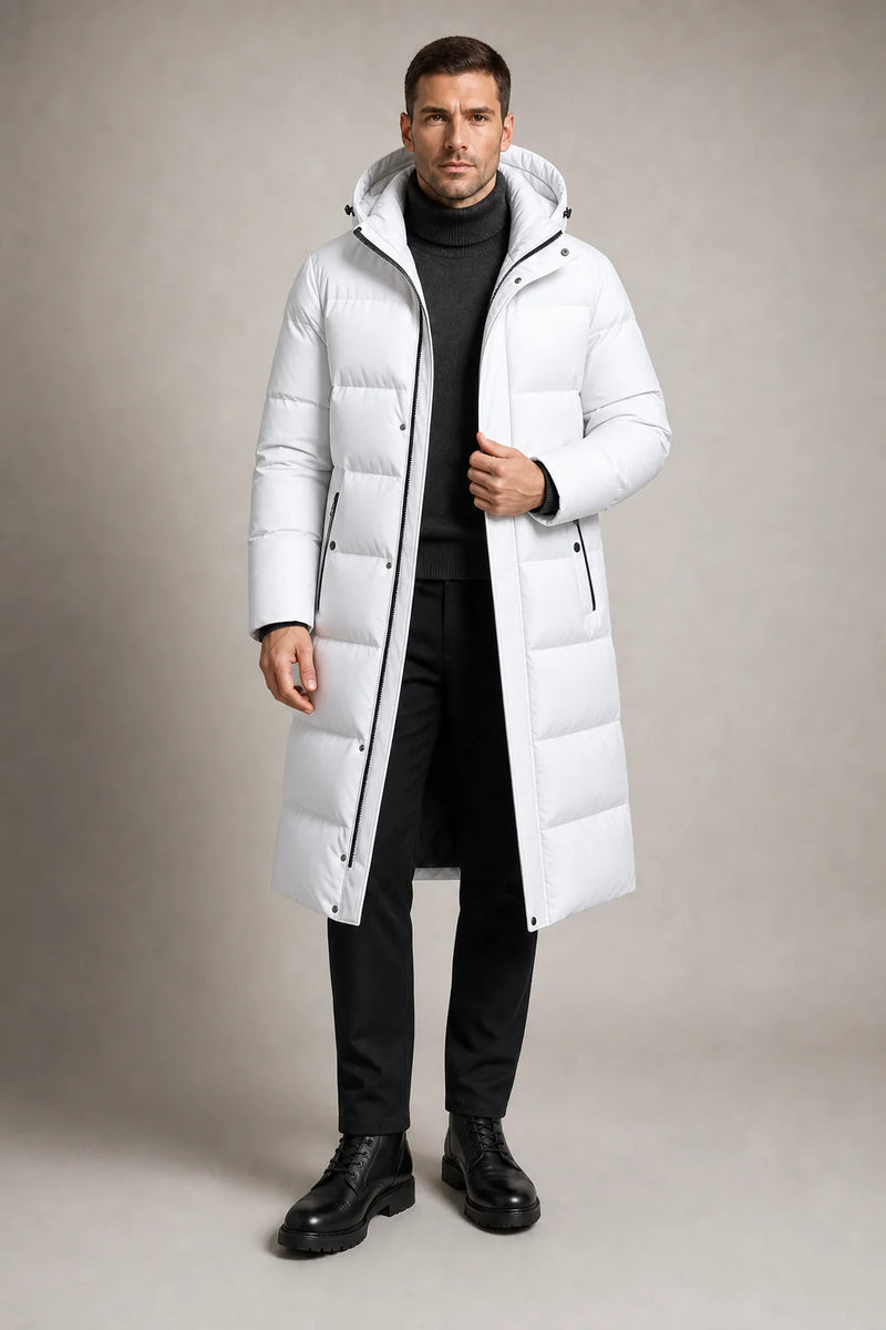 Sofaine Maverick men's hooded winter puffer parka in White, worn front