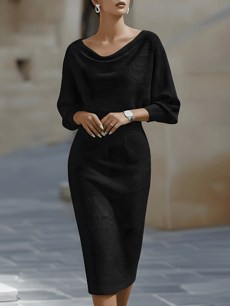 Cowl Neck Sweater Midi Dress for Women with Batwing Sleeves in Black, front view
