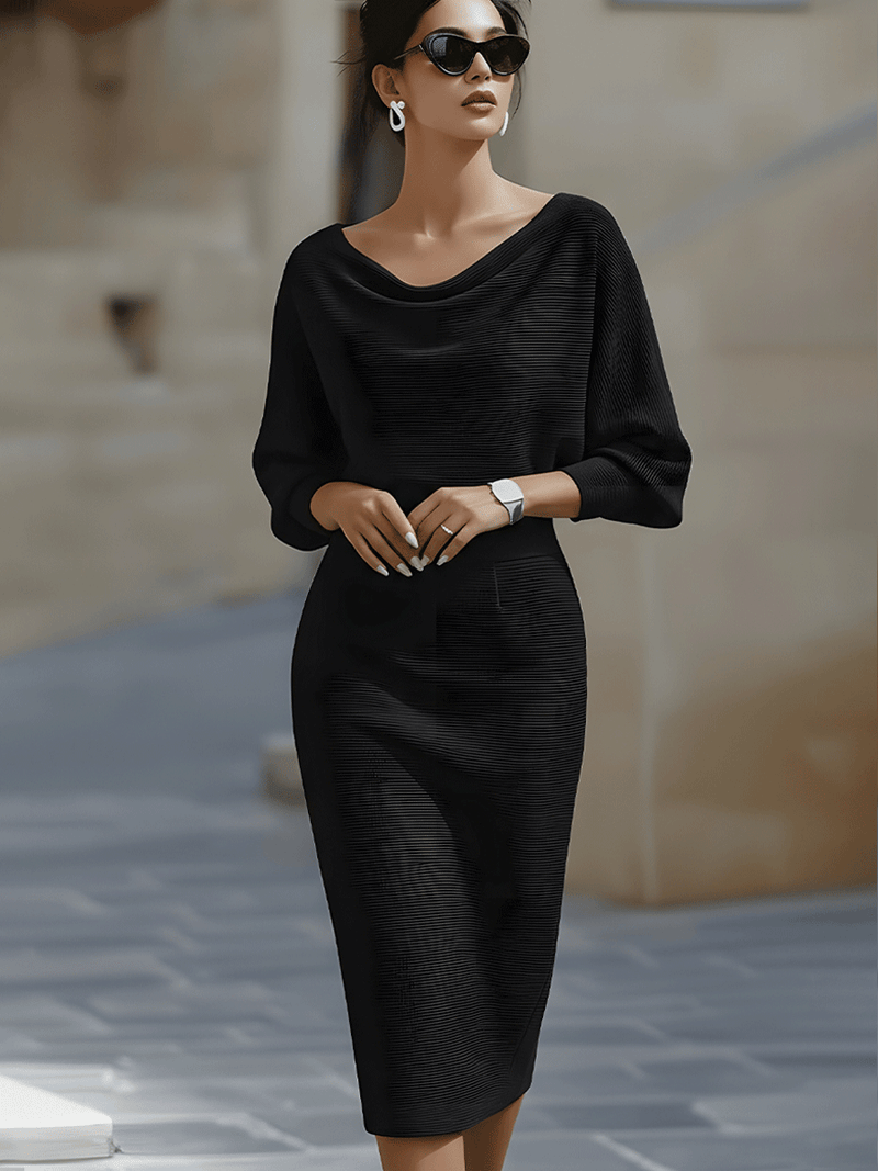 Cowl Neck Sweater Midi Dress for Women with Batwing Sleeves in Black, styled view