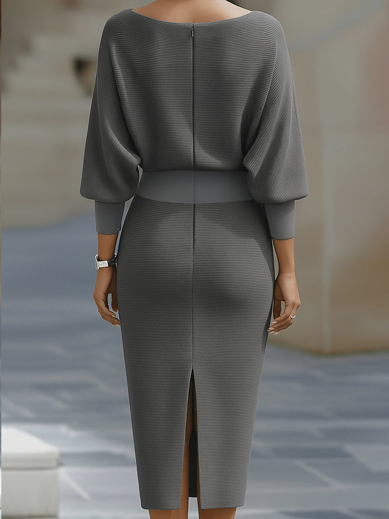 Cowl Neck Sweater Midi Dress for Women with Batwing Sleeves in Gray, back view