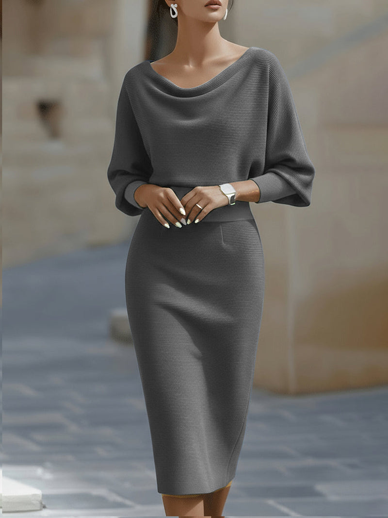 Cowl Neck Sweater Midi Dress for Women with Batwing Sleeves in Gray, front view