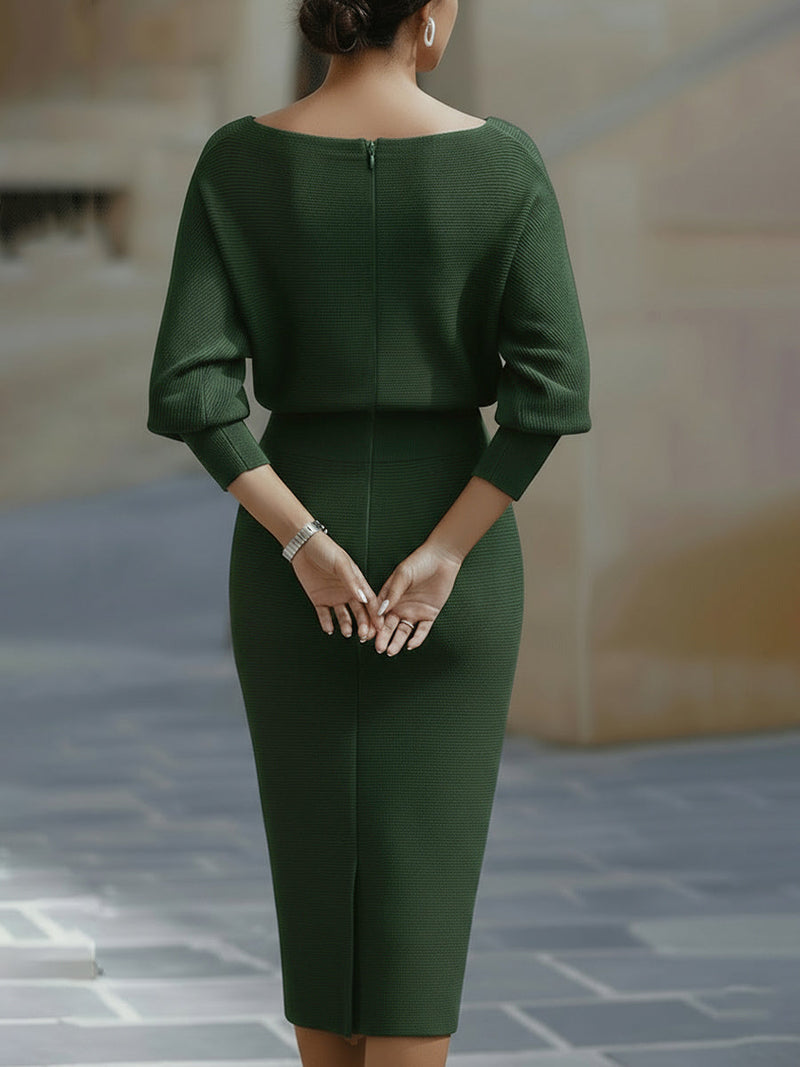 Cowl Neck Sweater Midi Dress for Women with Batwing Sleeves in Green, back view
