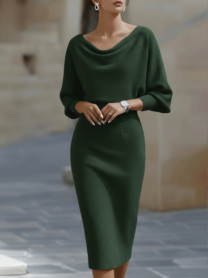 Cowl Neck Sweater Midi Dress for Women with Batwing Sleeves in Green, front view
