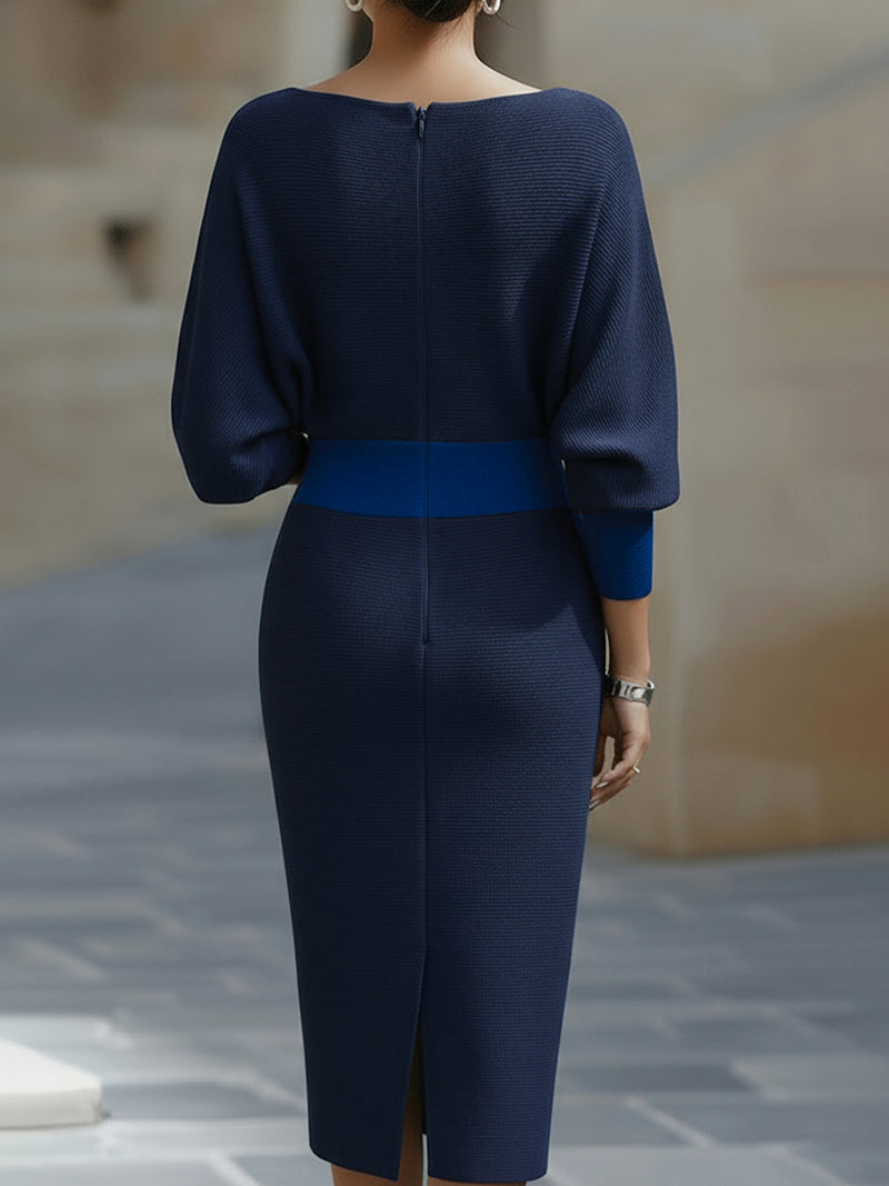 Cowl Neck Sweater Midi Dress for Women with Batwing Sleeves in Navy Blue, back view