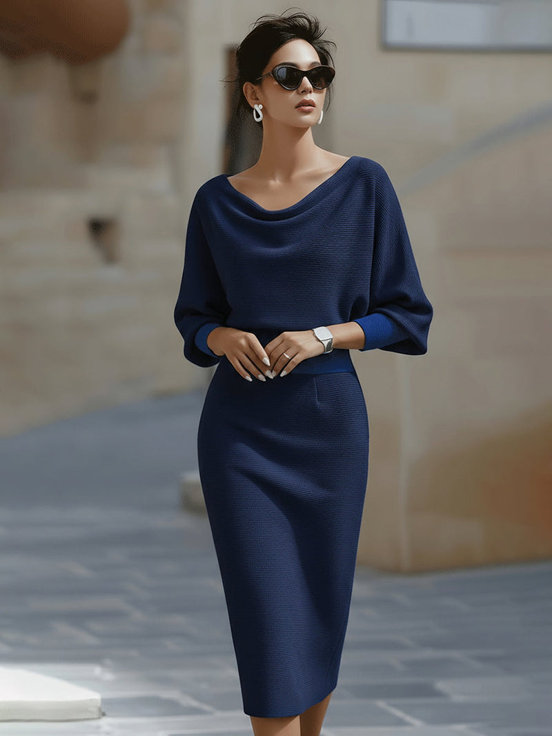 Cowl Neck Sweater Midi Dress for Women with Batwing Sleeves in Navy Blue, front view