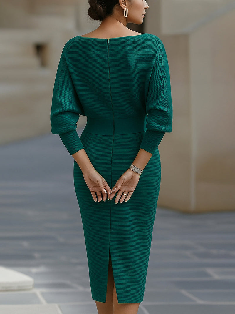 Cowl Neck Sweater Midi Dress for Women with Batwing Sleeves in Teal, back view