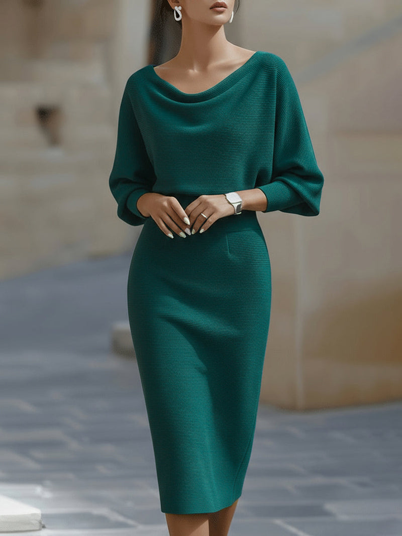 Cowl Neck Sweater Midi Dress for Women with Batwing Sleeves in Teal, front view