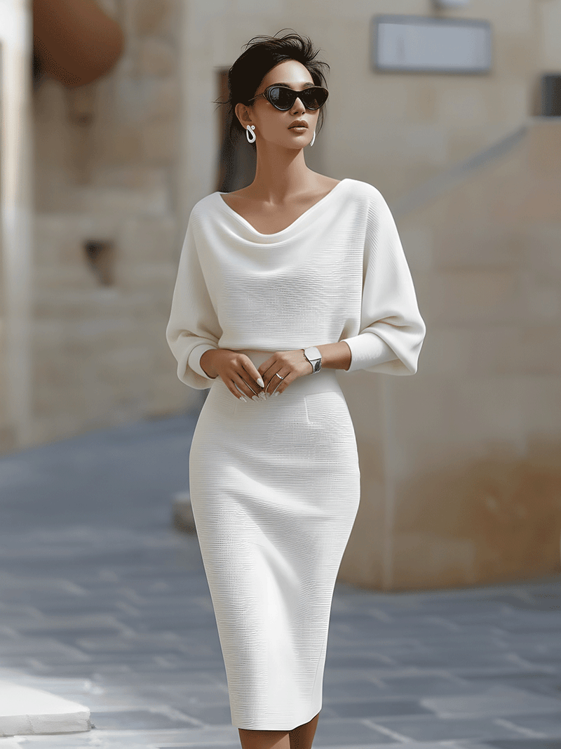 Cowl Neck Sweater Midi Dress for Women with Batwing Sleeves in White, styled view