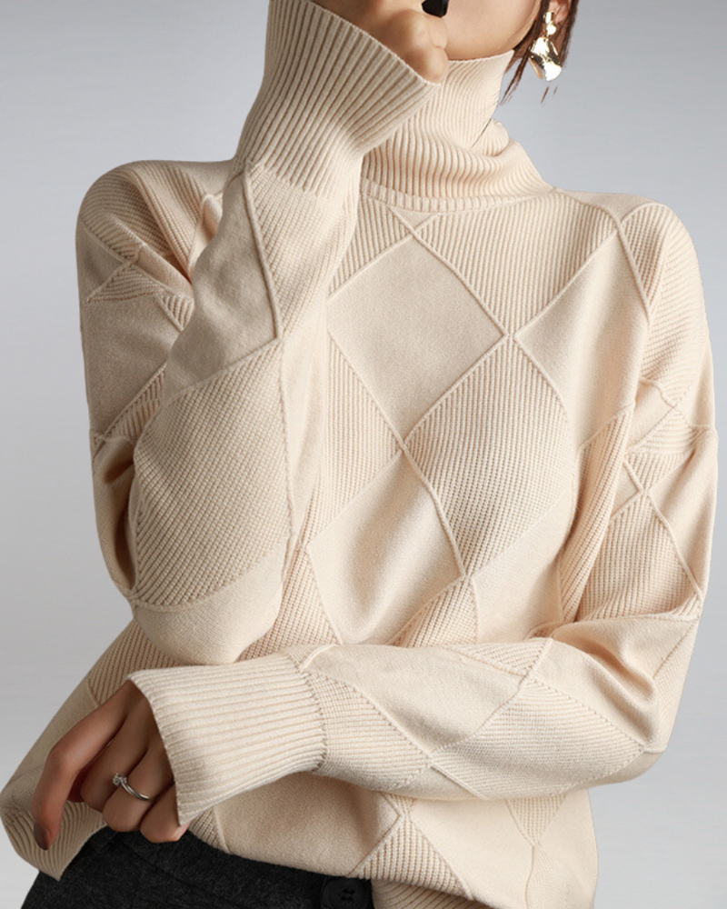 Oversized Turtleneck Sweater for Women with Diamond Knit Pattern in Beige, front view