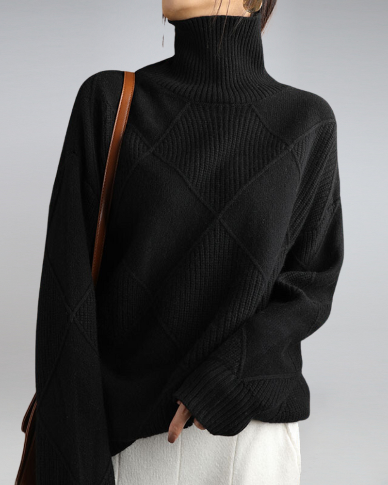 Oversized Turtleneck Sweater for Women with Diamond Knit Pattern in Black, front view