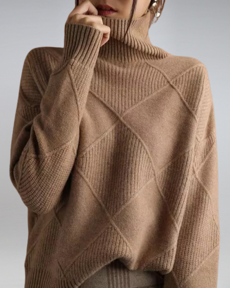 Oversized Turtleneck Sweater for Women with Diamond Knit Pattern in Brown, front view