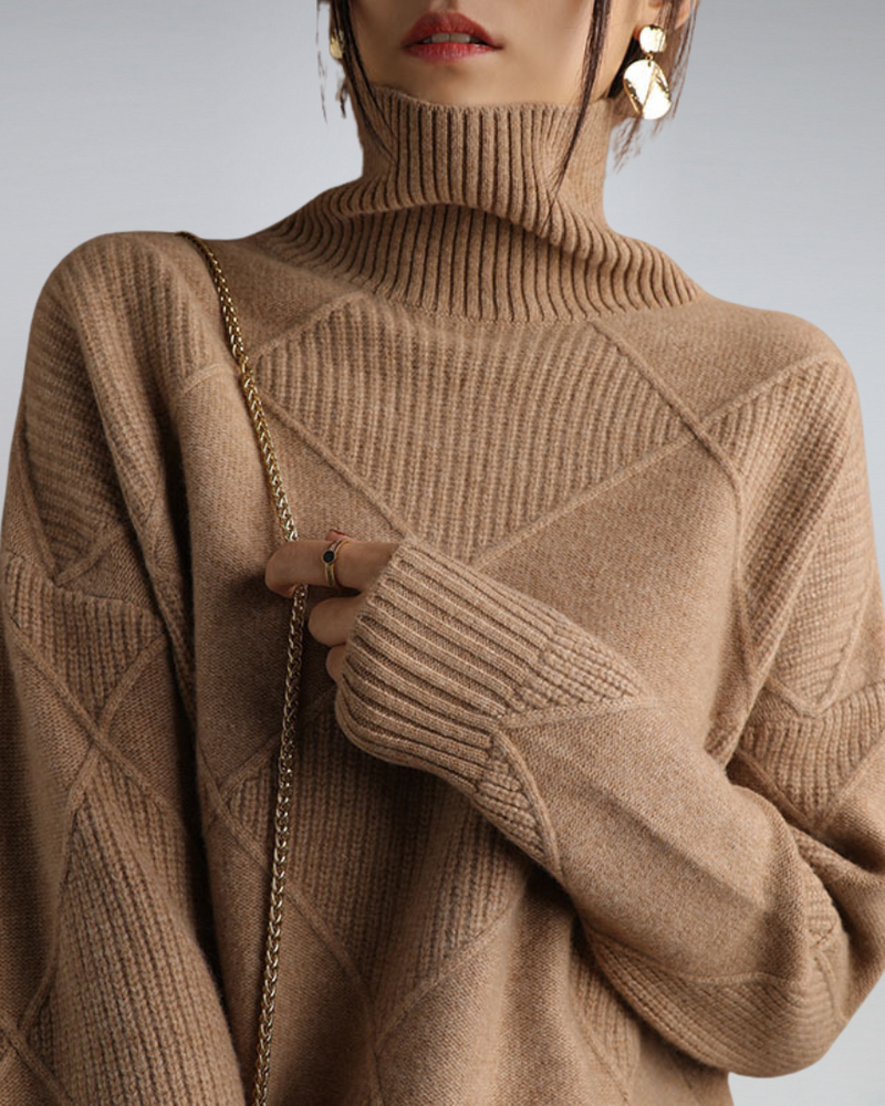 Oversized Turtleneck Sweater for Women with Diamond Knit Pattern in Brown, styled front view