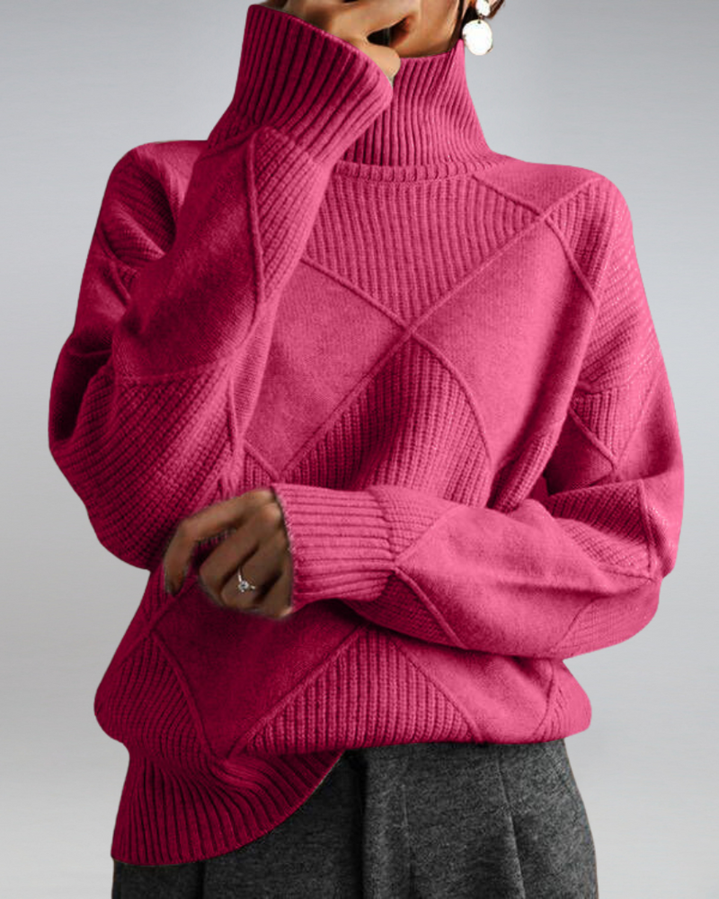 Oversized Turtleneck Sweater for Women with Diamond Knit Pattern in Pink, front view
