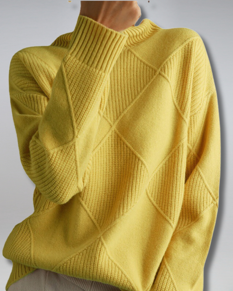 Oversized Turtleneck Sweater for Women with Diamond Knit Pattern in Yellow, front view
