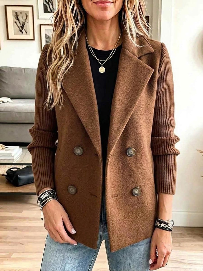 Double Breasted Blazer for Women with Knit Sleeves and Notch Lapel in Brown, front view