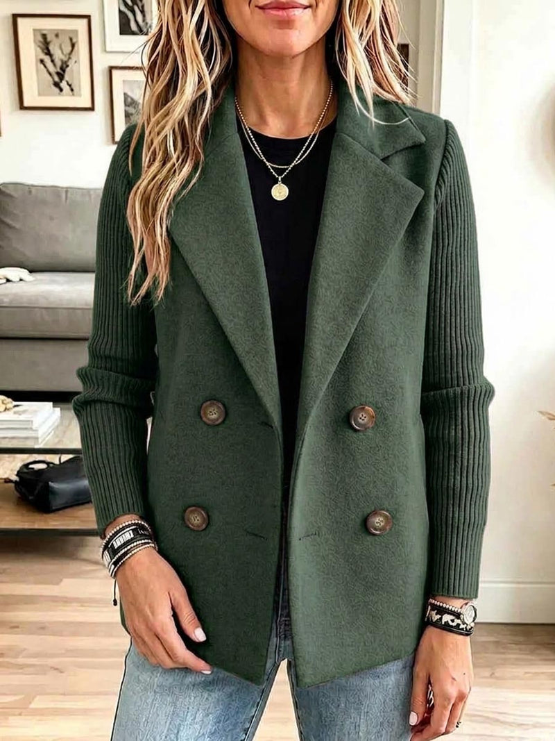Double Breasted Blazer for Women with Knit Sleeves and Notch Lapel in Green, front view