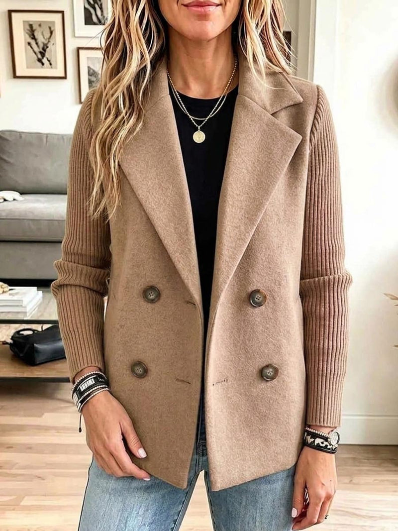 Double Breasted Blazer for Women with Knit Sleeves and Notch Lapel in Khaki, front view