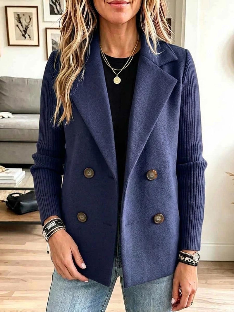 Double Breasted Blazer for Women with Knit Sleeves and Notch Lapel in Navy Blue, front view