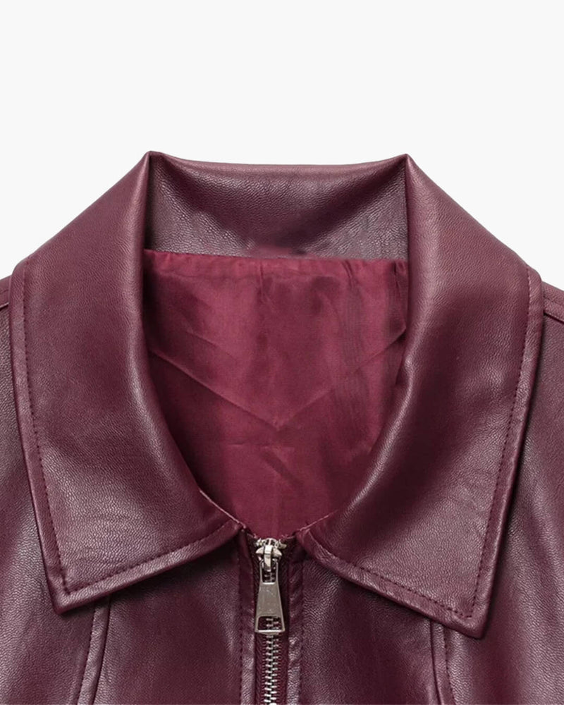 Faux Leather Bomber Jacket for Women with Shirt Collar and Elastic Hem in Burgundy, collar and lining detail
