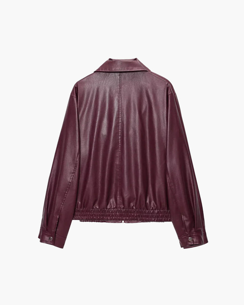 Faux Leather Bomber Jacket for Women with Shirt Collar and Elastic Hem in Burgundy, flat lay back view