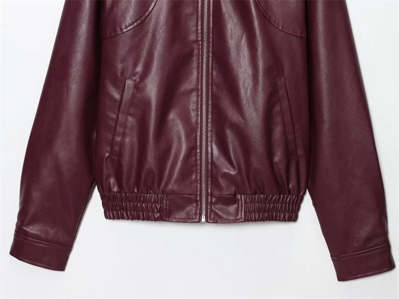 Faux Leather Bomber Jacket for Women with Shirt Collar and Elastic Hem in Burgundy, flat lay close-up