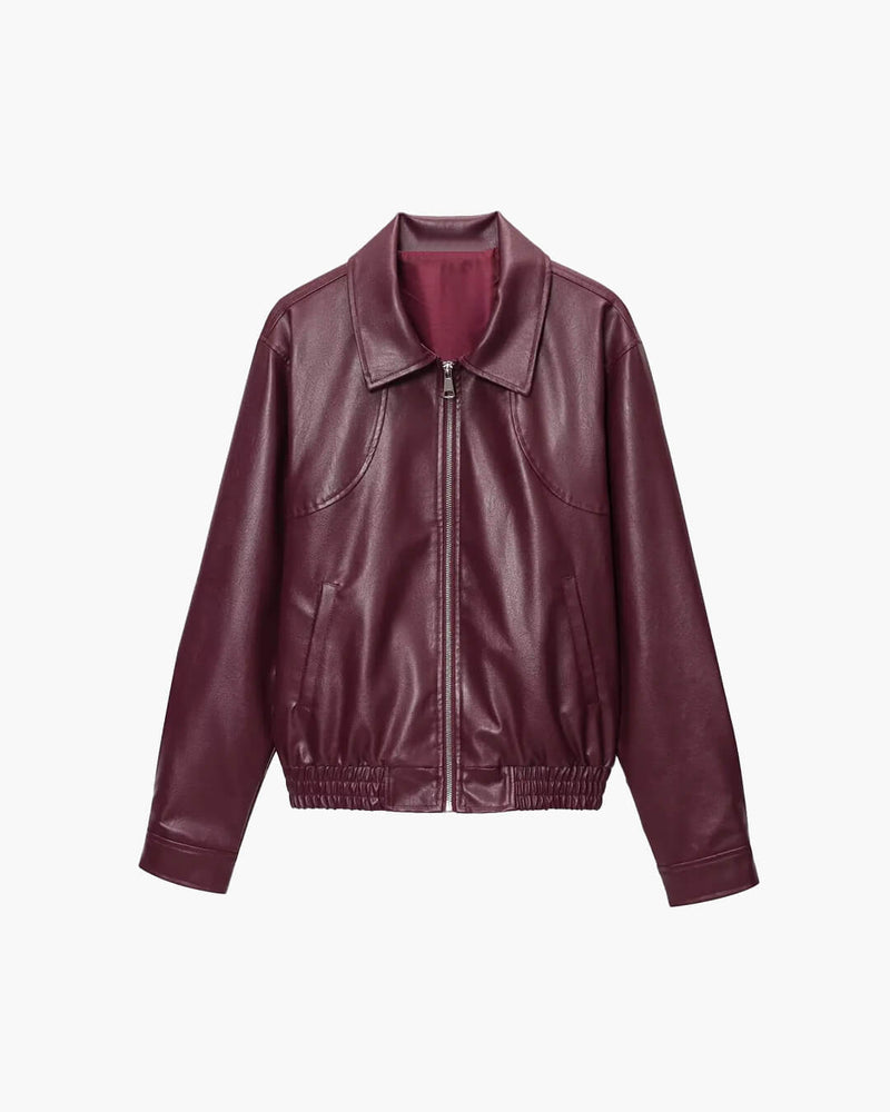 Faux Leather Bomber Jacket for Women with Shirt Collar and Elastic Hem in Burgundy, flat lay front view