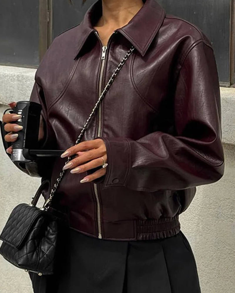 Faux Leather Bomber Jacket for Women with Shirt Collar and Elastic Hem in Burgundy, front close-up
