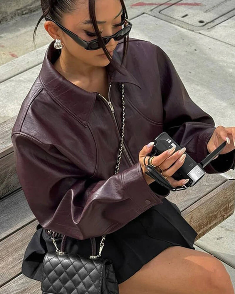 Faux Leather Bomber Jacket for Women with Shirt Collar and Elastic Hem in Burgundy, seated view