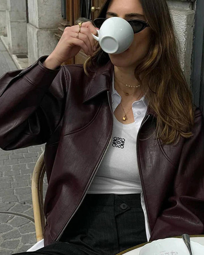 Faux Leather Bomber Jacket for Women with Shirt Collar and Elastic Hem in Burgundy, street style view