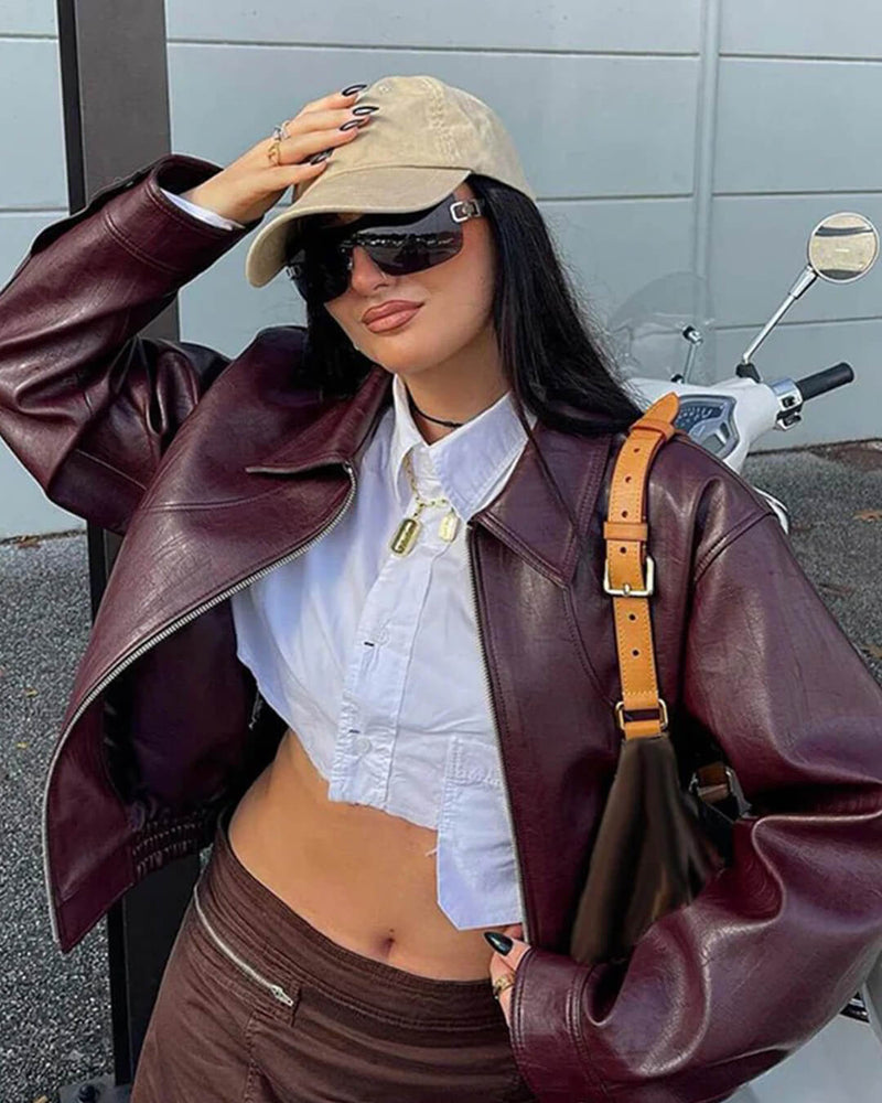 Faux Leather Bomber Jacket for Women with Shirt Collar and Elastic Hem in Burgundy, styled view