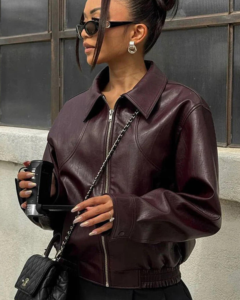 Faux Leather Bomber Jacket for Women with Shirt Collar and Elastic Hem in Burgundy, three-quarter view