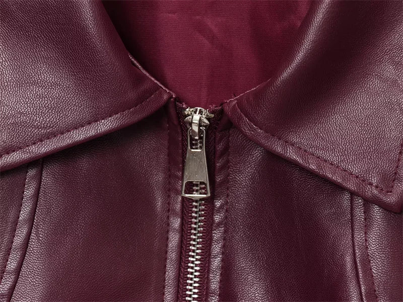 Faux Leather Bomber Jacket for Women with Shirt Collar and Elastic Hem in Burgundy, zip detail