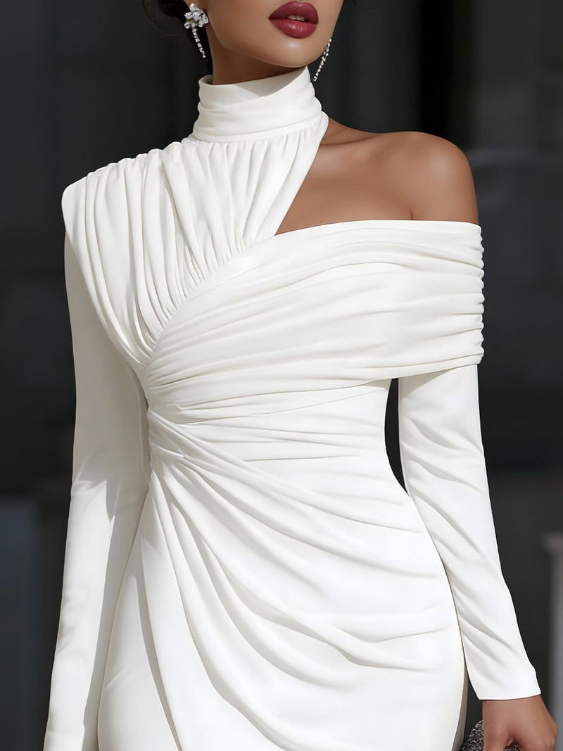 Ruched One Shoulder Midi Dress for Women with Long Sleeves and Slit in White, close-up