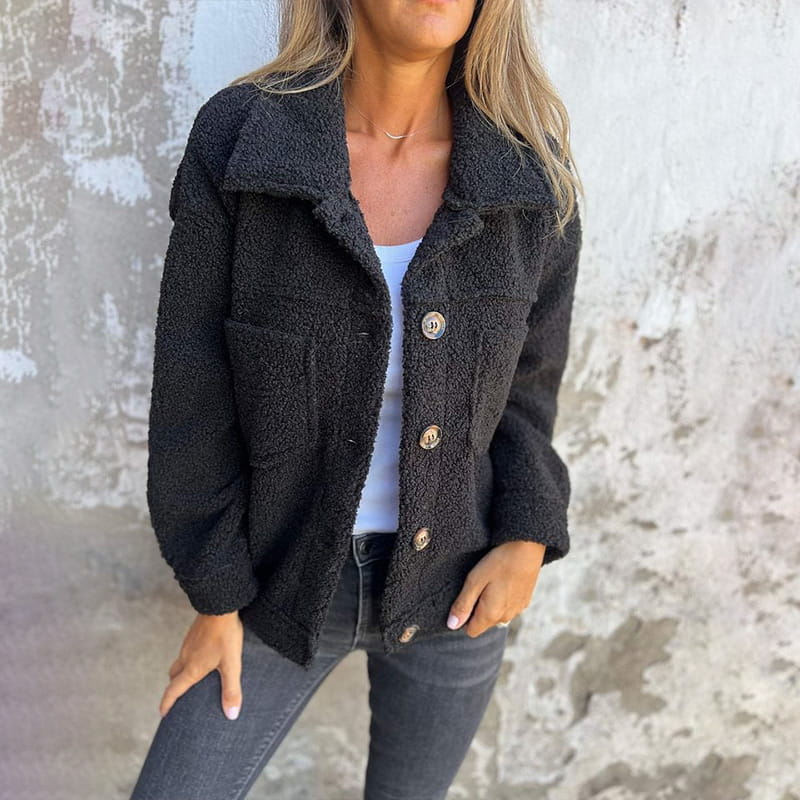 Relaxed Sherpa Jacket for Women with Shirt Collar and Button Front in Black, front view