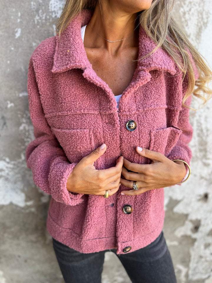 Relaxed Sherpa Jacket for Women with Shirt Collar and Button Front in Pink, front view