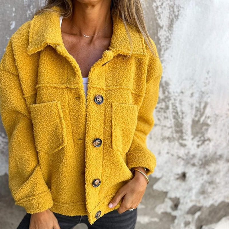Relaxed Sherpa Jacket for Women with Shirt Collar and Button Front in Yellow, front view