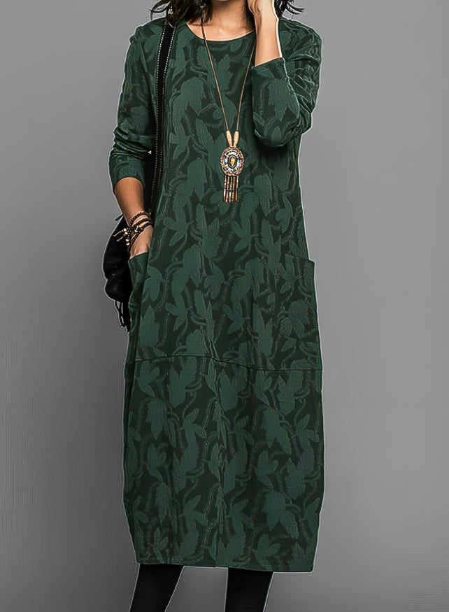 Leaf Print Long Sleeve Midi Dress for Women with Round Neck and Pocket in Green, studio front view