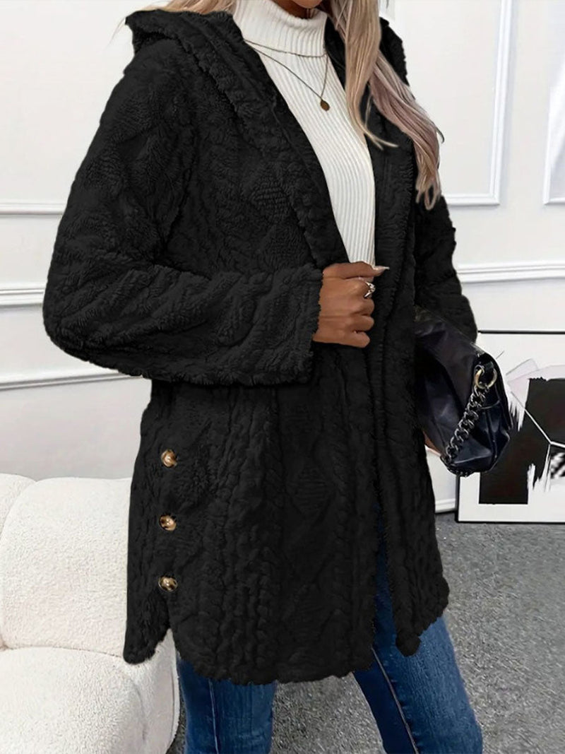 Long Hooded Fleece Jacket for Women with Cable Texture and Side Slits in Black, front view